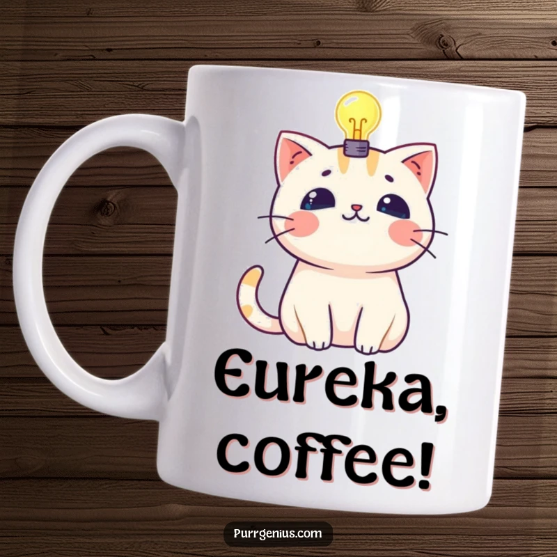Funny kawaii cat with a glowing lightbulb above its head, symbolizing a bright idea on a coffee mug.