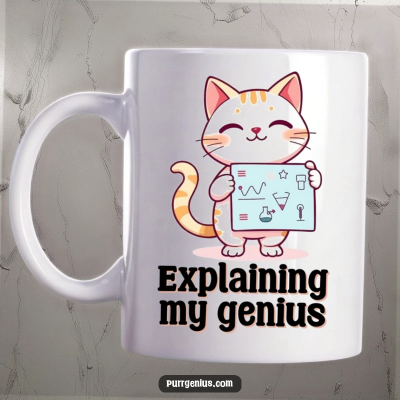 Funny Kawaii cat confidently presenting a scientific diagram, depicted on a mug, ideal for educators and smarty cats.