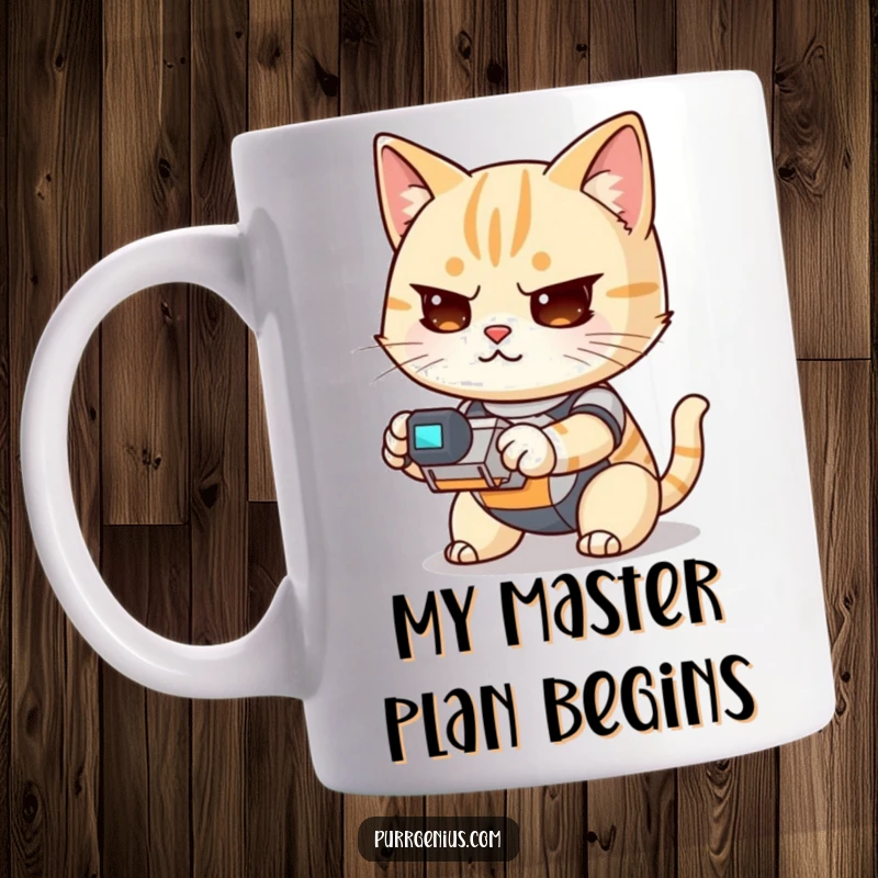 Funny Kawaii cat determinedly operating a small robot, looking focused on a mug design, perfect for tech enthusiasts.