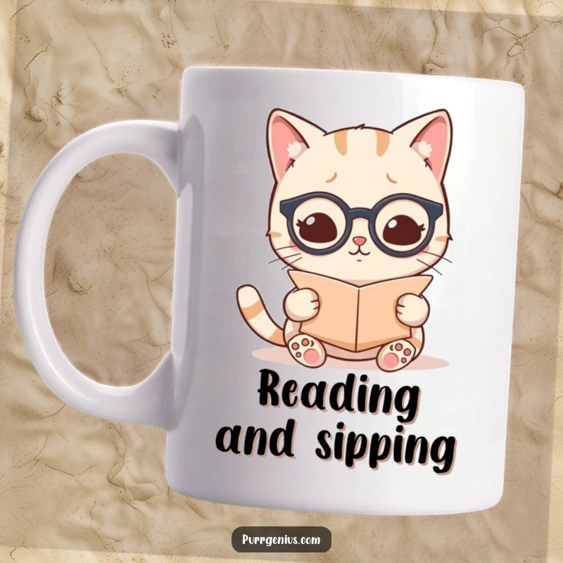 Funny kawaii cat wearing tiny spectacles and reading an ancient scroll, looking wise on a coffee mug.