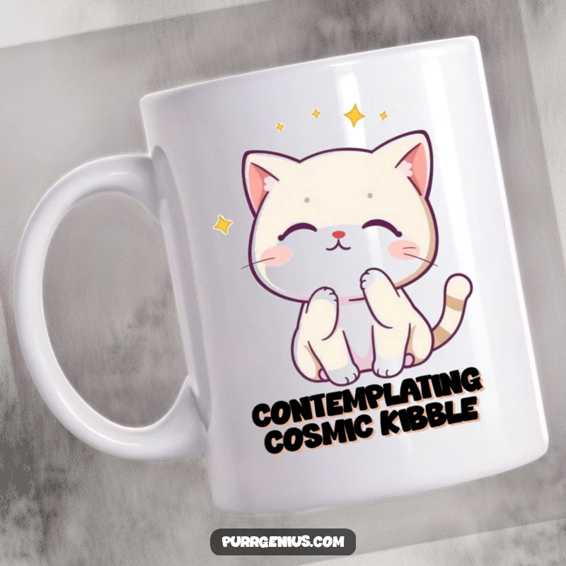 Funny Kawaii cat in a thinking pose looking up at a constellation, featured on a mug, ideal for space enthusiasts.