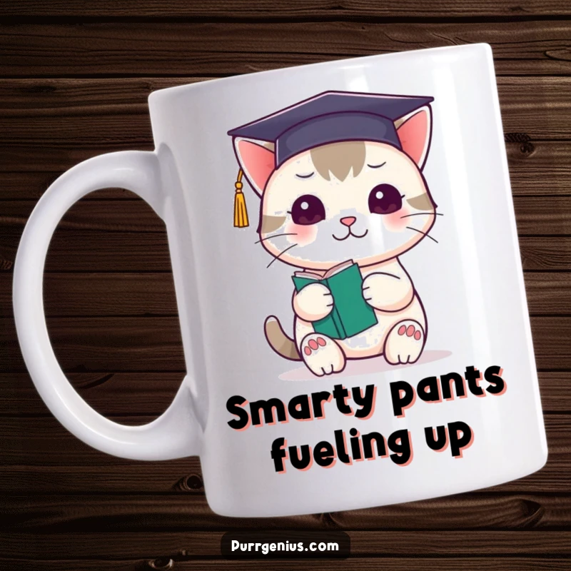 Funny Kawaii cat wearing graduation cap, holding book, looking smart and cute on this coffee mug.