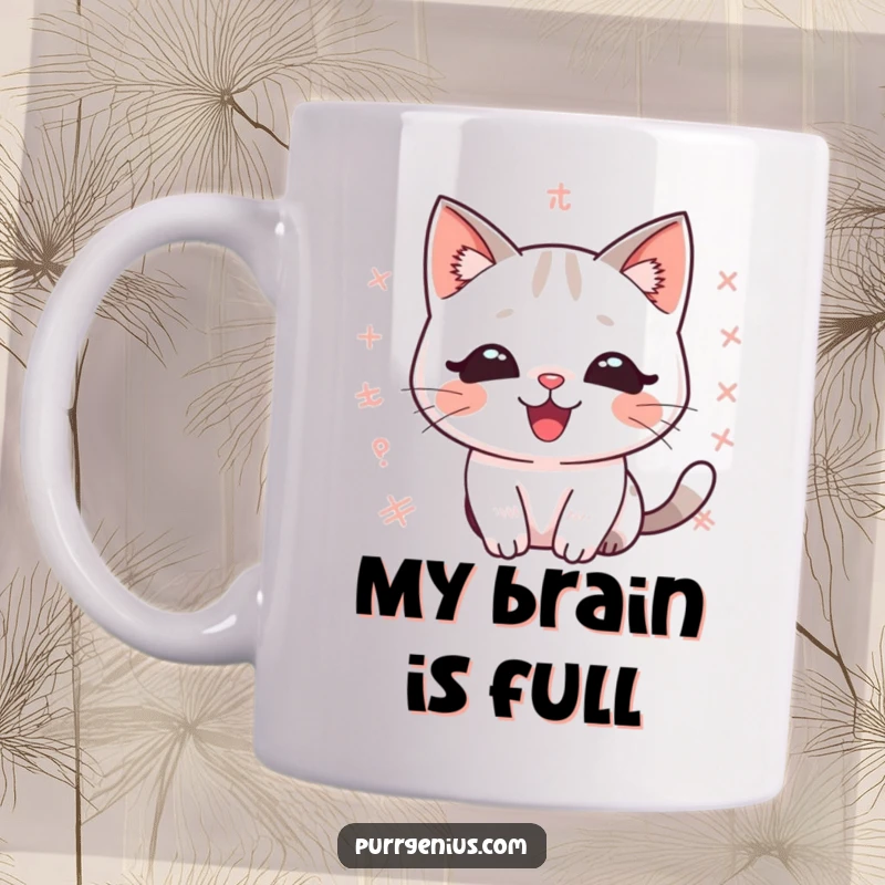 Funny kawaii cat mug with a delighted expression, surrounded by floating math equations, celebrating feline intelligence and humor.