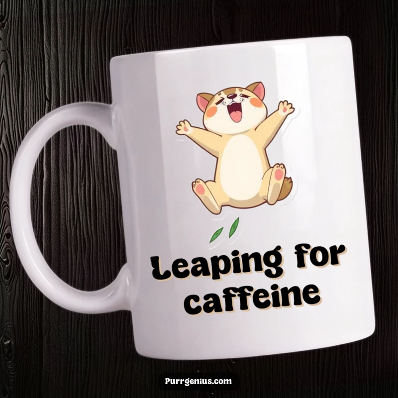 Funny animal character mug depicting a dramatic leap, symbolizing high energy, aspiration, and a playful, adventurous spirit.