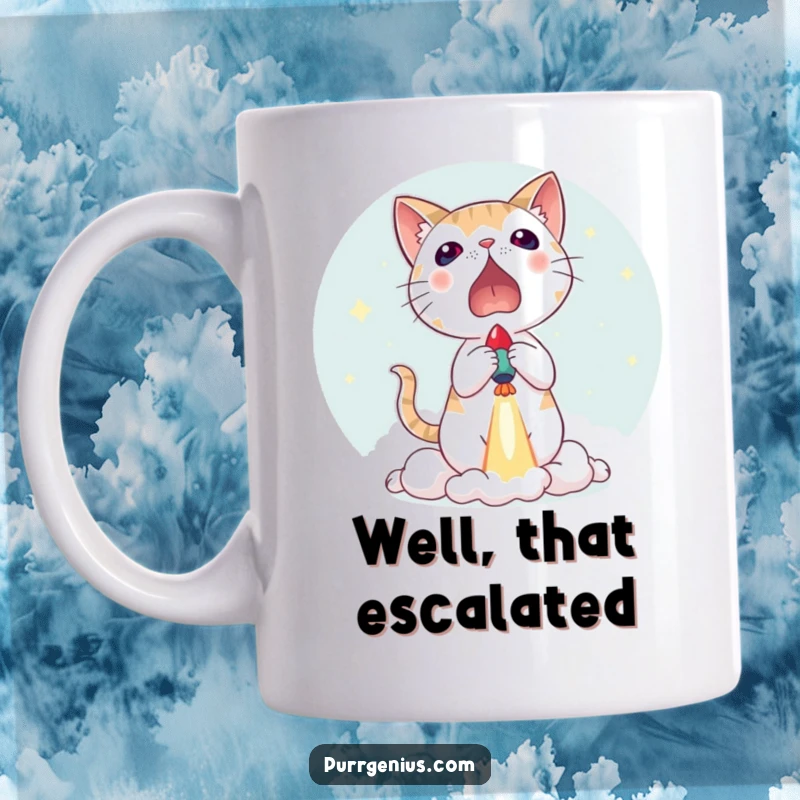 Funny mug depicting a cat with wide, surprised eyes as a small rocket unexpectedly launches nearby, capturing a moment of shock.