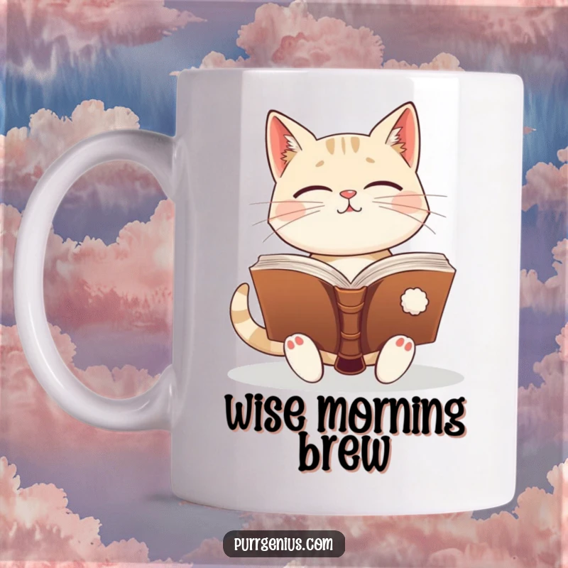 Funny enlightened cat holding open a giant ancient book, looking wise. This mug is great for book lovers and intellectuals.