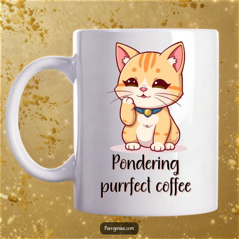 Funny wise cat character stroking its whisker thoughtfully, exuding calm contemplation on this mug.