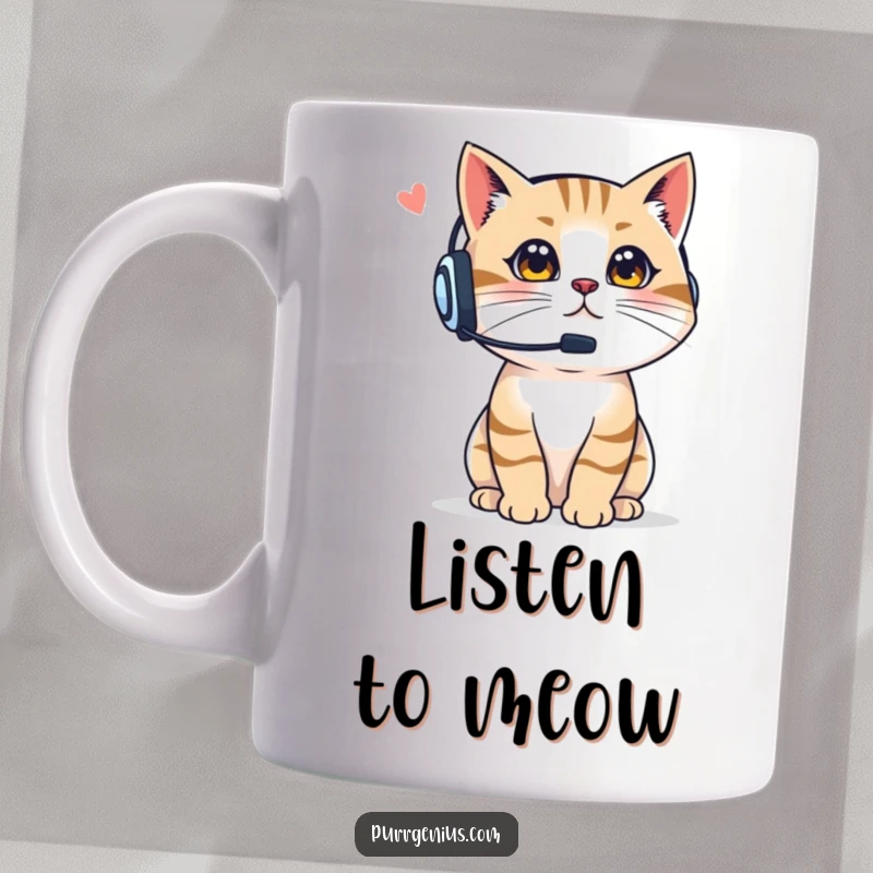 Funny Boss Cat Mug: a cat wearing a headset, confidently giving instructions with assertive meows, a perfect humorous gift.