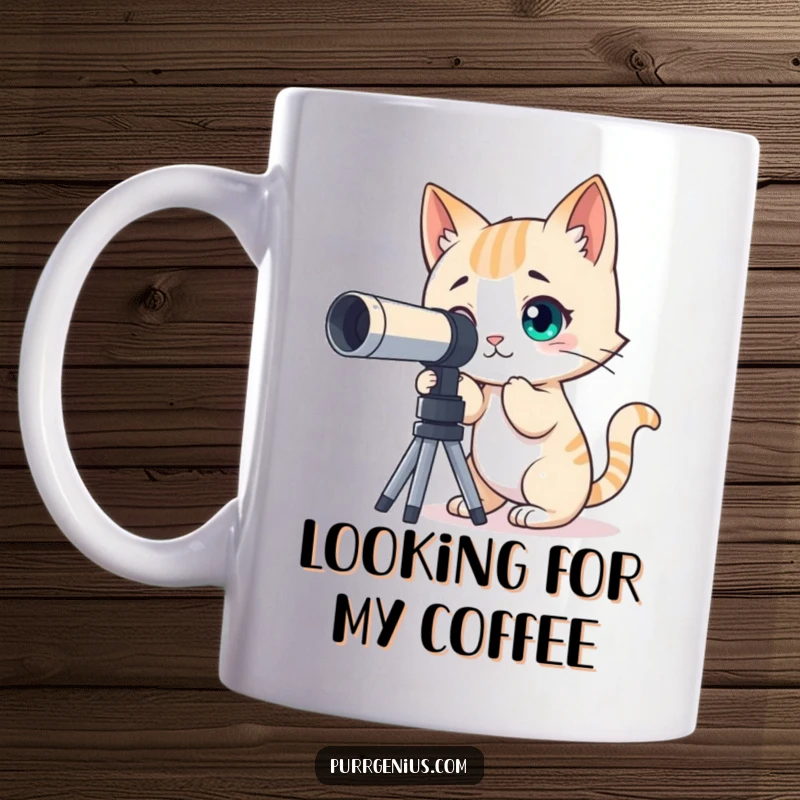 Funny mug showcasing a curious cat character intently peering through a telescope, exploring the night sky with wonder.