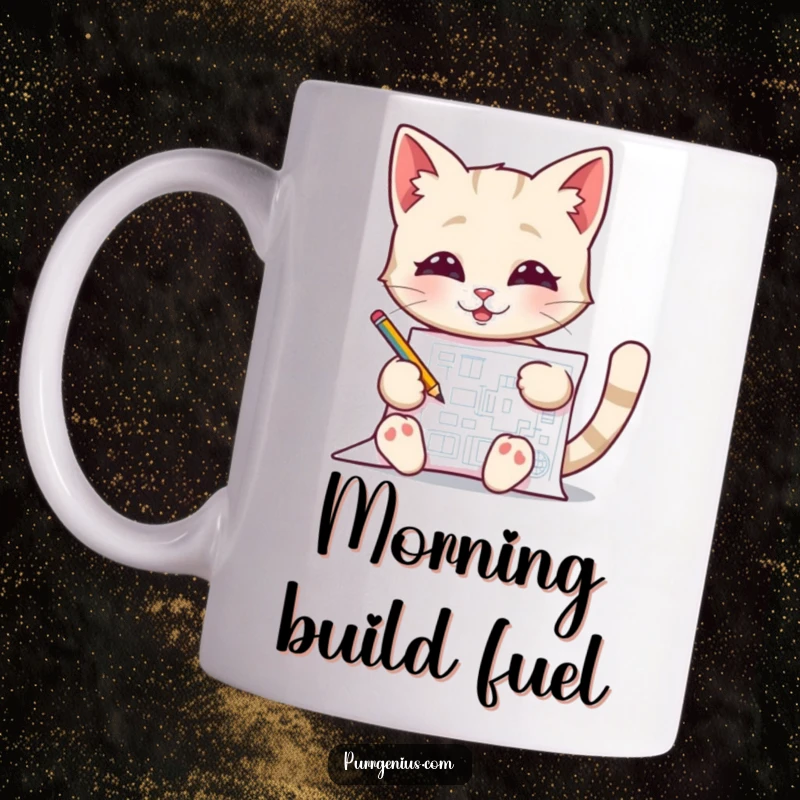 Funny Blueprint Cat Mug, showing a pleased cat meticulously drawing a blueprint with a tiny pencil, perfect for creators.