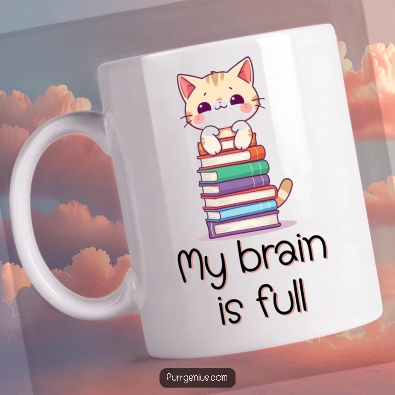 Funny mug showing a skilled cat balancing a tall stack of books on its head, looking focused and serene, a true intellectual.