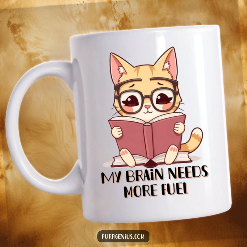 Funny mug with a cute, studious cat wearing glasses, deeply focused on reading a large book, conveying intelligence and humor.