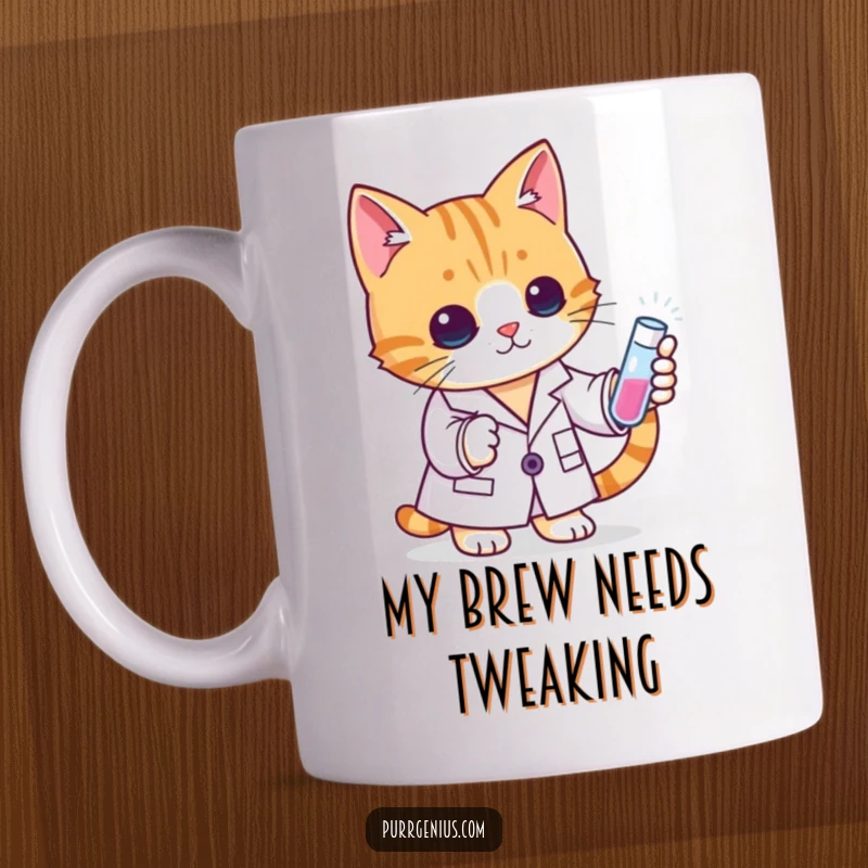 Funny scientist cat in a lab coat curiously examining a test tube, embodying intelligence and humor on this mug.