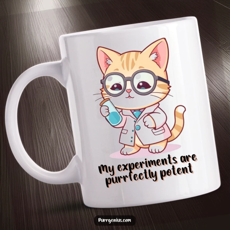 Funny cat scientist mug with a furry feline in a lab coat peering into a test tube, showcasing curiosity and humor.