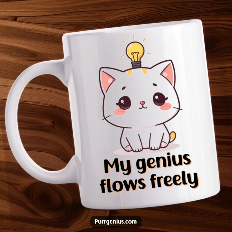 Funny mug with a cute cat character pondering under a glowing lightbulb, symbolizing bright ideas and eureka moments.