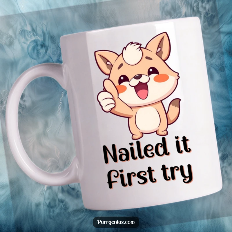 Funny animal character giving a confident, triumphant thumbs up, celebrating success on this custom mug, perfect for a humorous gift.