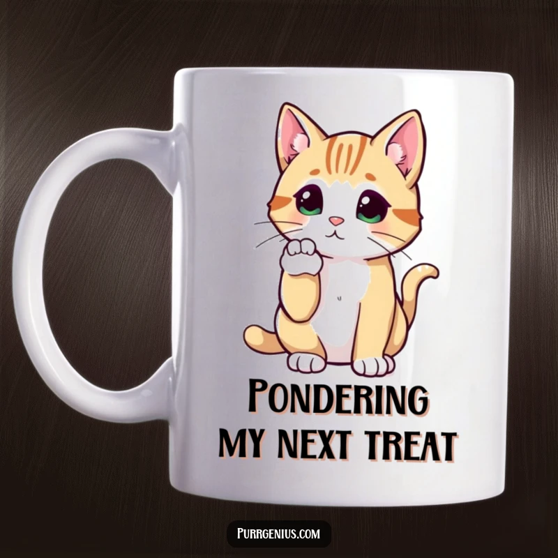 Funny Cat Mug showing a cat with a raised paw, looking deeply thoughtful and introspective, exuding funny contemplation.
