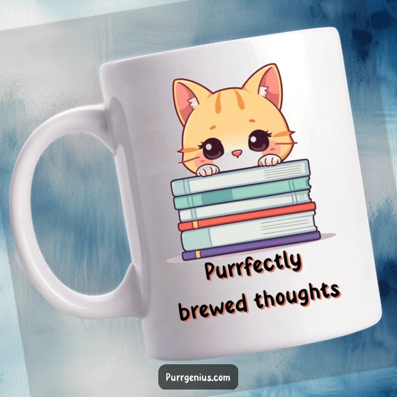 Funny Cat Book Mug: A curious cat peeking playfully from behind a large stack of books, adding literary charm.