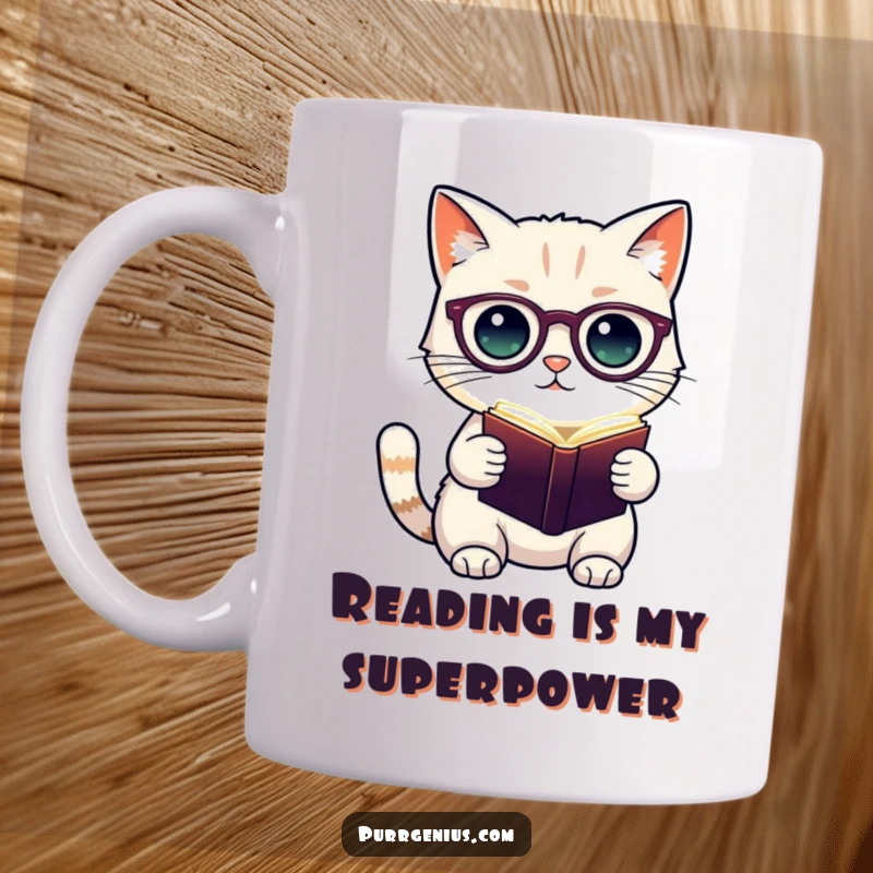 Funny mug featuring a cute cat character in tiny spectacles engrossed in a glowing book, radiating studiousness and charm for readers.