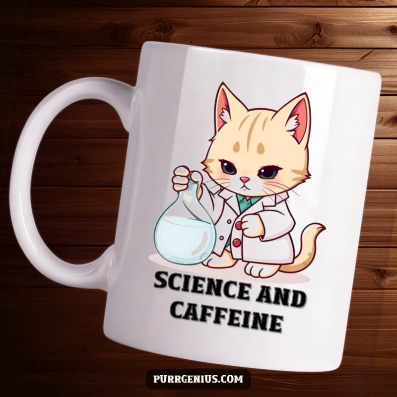 Funny Mug: A cat in a lab coat curiously examines a beaker, embodying scientific inquiry and humor.