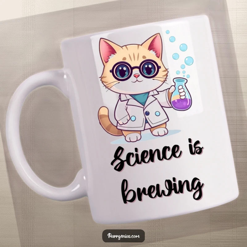 Funny scientist cat wearing a lab coat, holding a bubbling beaker, perfect for science lovers. This mug features a clever feline chemist.
