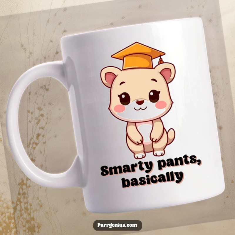 Funny animal character mug wearing a small graduation cap, symbolizing academic achievement and a sense of playful pride.