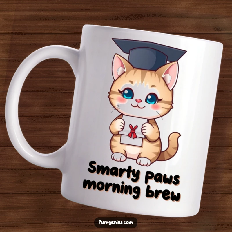 Funny Mug: A cute cat wearing a graduation cap, holding a diploma and smiling, celebrating academic success humorously.