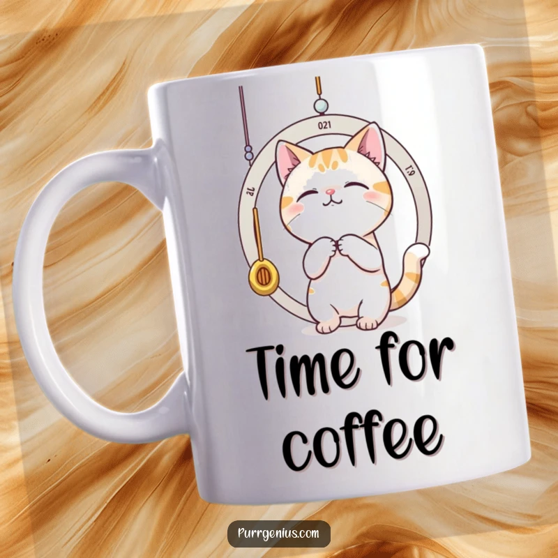 Funny cat batting playfully at a dangling pendulum, representing time. This mug is great for cat lovers and time enthusiasts.