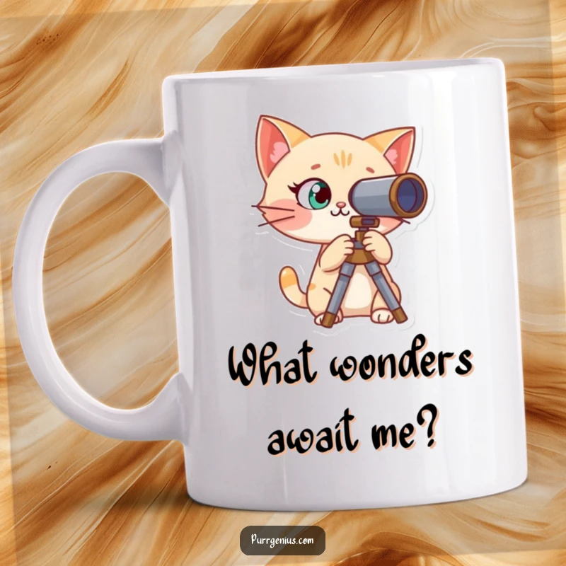 Funny mug featuring a curious cat character peering through a telescope, looking up at the starry night sky.
