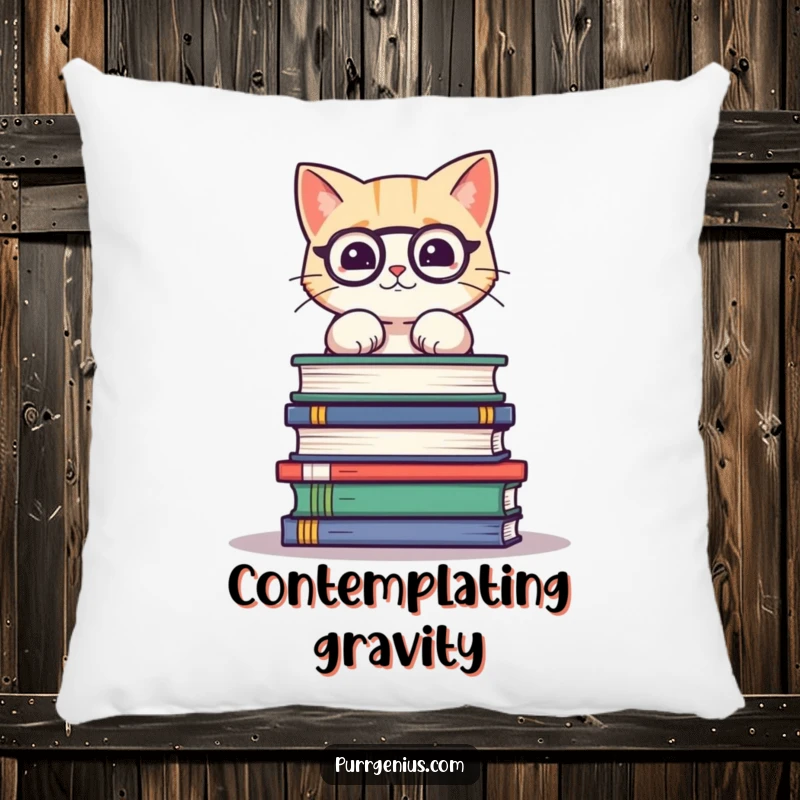 Funny pillow featuring a cute cat struggling to balance a large stack of science books, a humorous and comfortable home decor item.