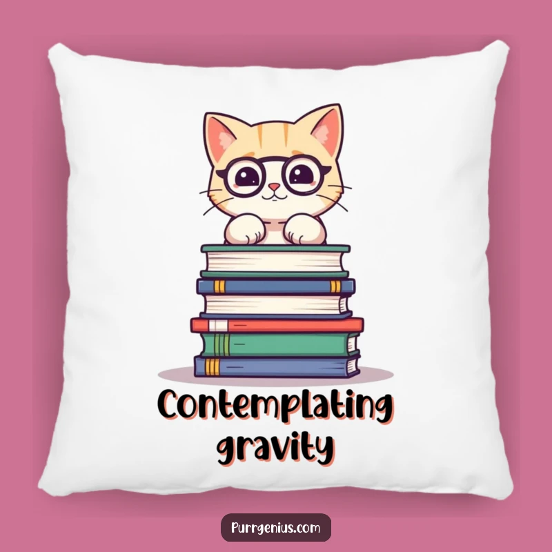 Funny Cat Balancing Books Pillow: Cozy Kitty Decor, Hilarious Gift for Book Lovers