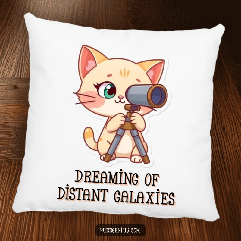 Funny pillow featuring a curious cat character peering through a telescope, designed for cozy nights and star-filled dreams.