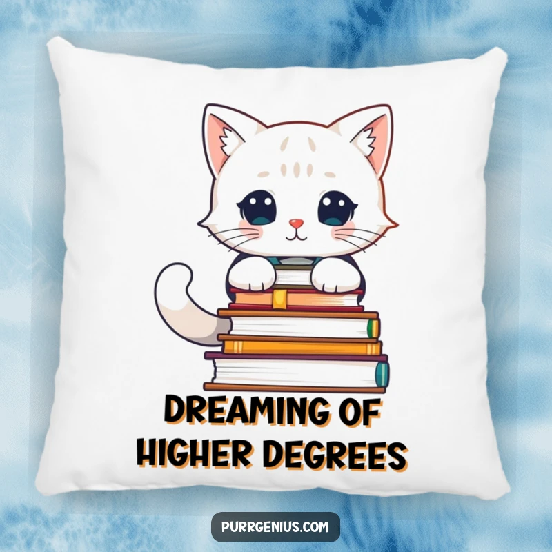 Funny pillow featuring a scholarly cat character with a pile of advanced books, ideal for cozy reading sessions.