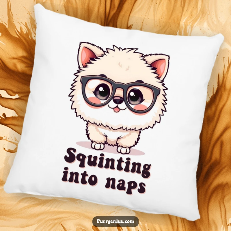 Funny fluffy animal pillow with oversized spectacles, designed for comfort and adding a touch of intelligent humor to home decor.