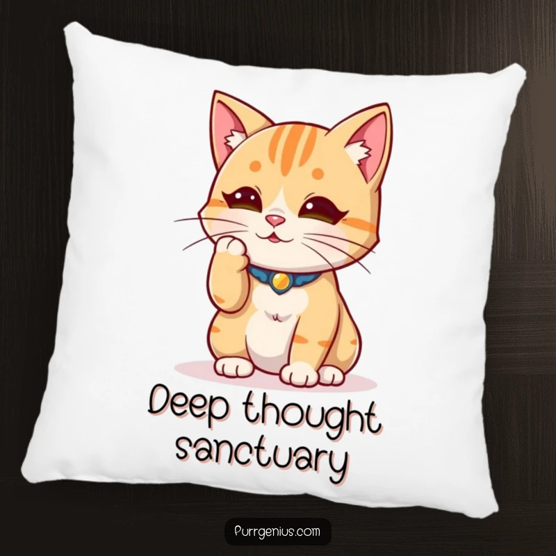 Funny wise cat thoughtfully stroking a whisker, offering cozy comfort and gentle humor on this decorative pillow.