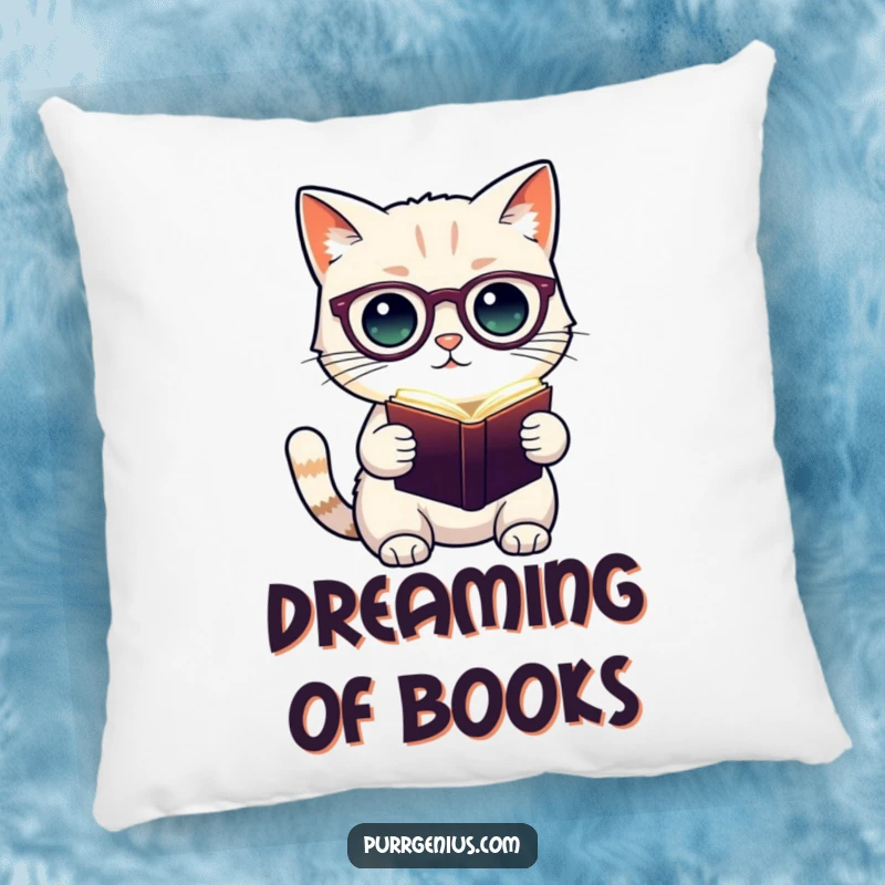 Funny pillow design of a cute cat character with spectacles, holding a glowing book, offering comfort and a touch of academic humor.