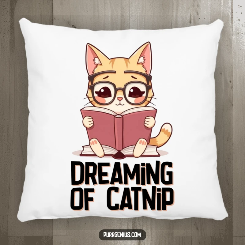 Funny pillow with a cute, intellectual cat wearing glasses, deeply absorbed in reading a massive book, ideal for comfort.