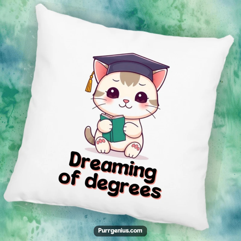 Funny kawaii cat wearing a graduation cap and holding a tiny book, making a soft and humorous pillow.