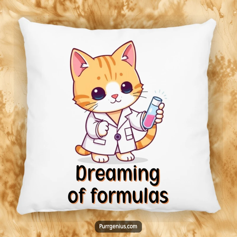Funny cat scientist character in a lab coat holding a test tube, offering comfort and humor on this decorative pillow.