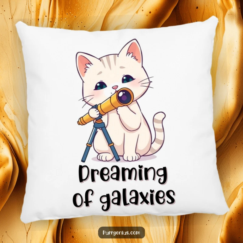 Soft, plush pillow with a funny cat holding a tiny telescope, dreaming of stars, perfect for adding humor and comfort to any space.