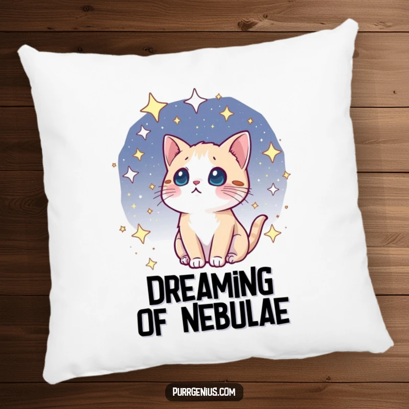 Funny kawaii cosmic cat pillow, gazing with wonder at a starry cosmos, bringing soft, celestial comfort and feline charm.