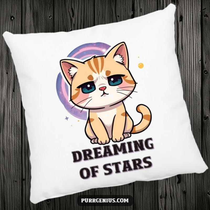 Funny cat with a furrowed brow pondering a swirling galaxy. This pillow brings cosmic comfort and humor.