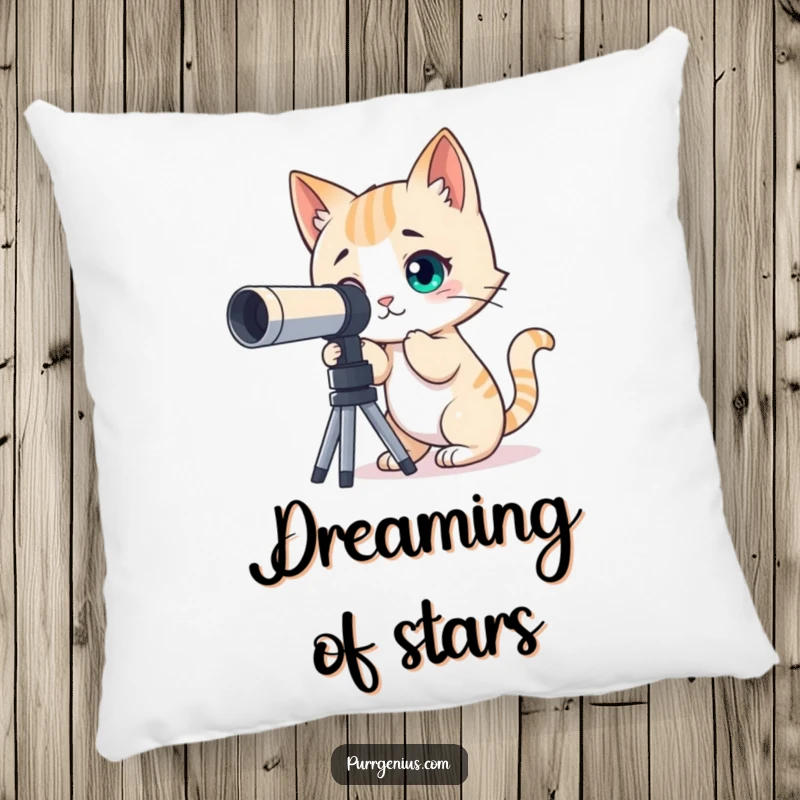 Funny pillow featuring a curious cat character peering through a telescope at the night sky, perfect for cozy dreaming.