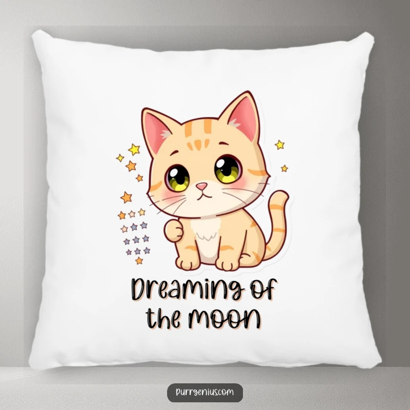 Funny pillow showcasing a cute cat with enormous curious eyes, gazing at a star chart, ideal for adding whimsical charm.