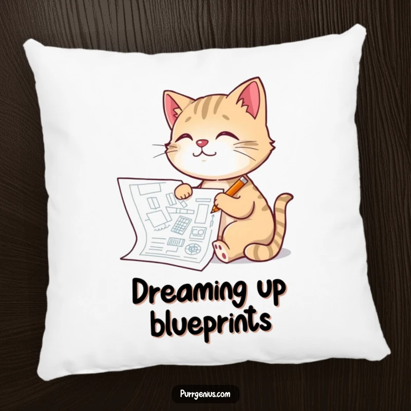Funny Architect Cat Pillow: a pleased cat artist drawing a detailed blueprint, adding comfort and creative humor to home decor, a cute funny gift.