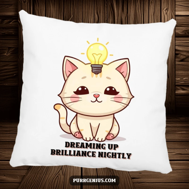 Funny pillow featuring a cat character with a luminous lightbulb above its head, perfect for cozy contemplation.