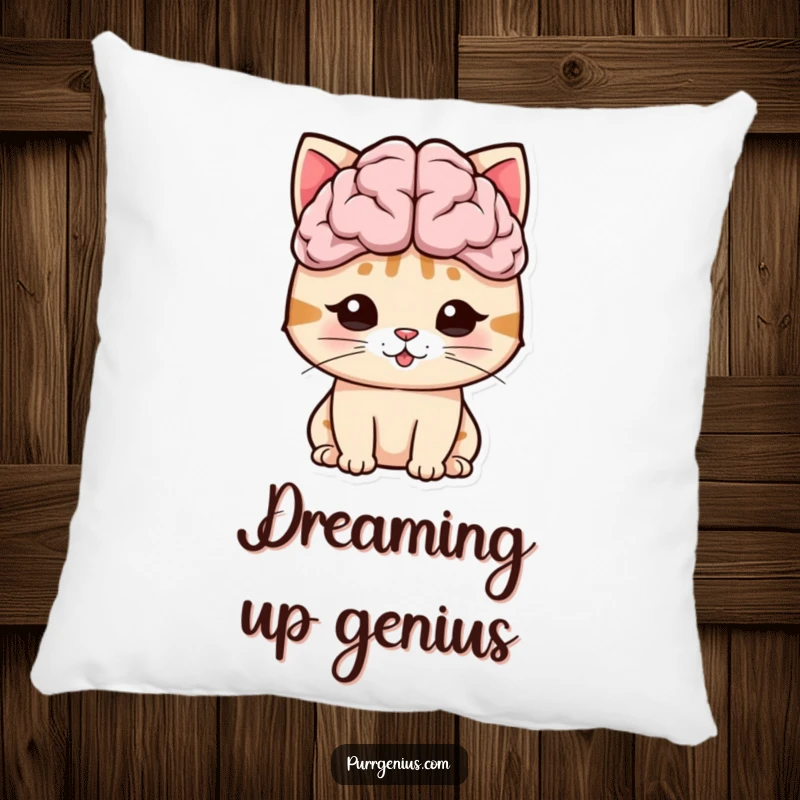 Funny cat with a giant brain symbol, offering plush comfort and intelligent humor on this decorative pillow.