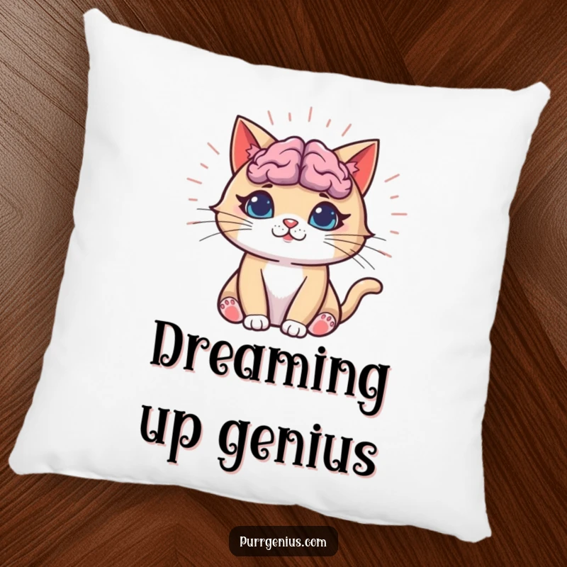 Funny Cat Pillow with a soft texture, showcasing a cat with a glowing brain radiating funny knowledge, perfect for cozy contemplation.