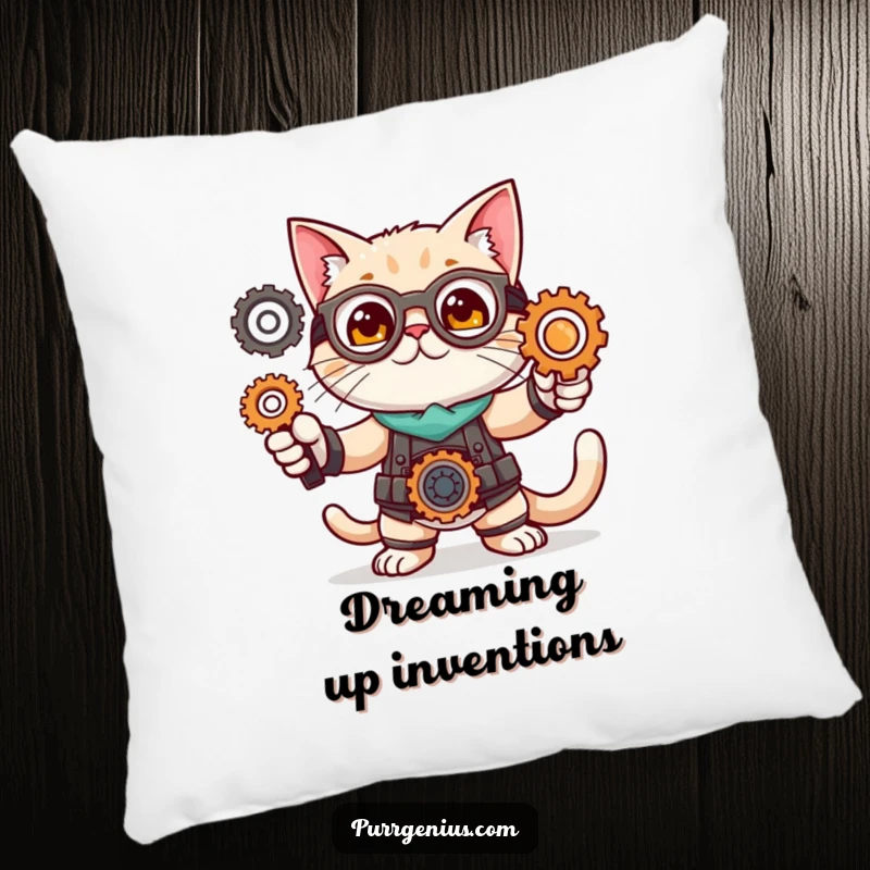 Funny pillow featuring a cute cat character in an inventor pose with gears, perfect for adding creative whimsy to a room.