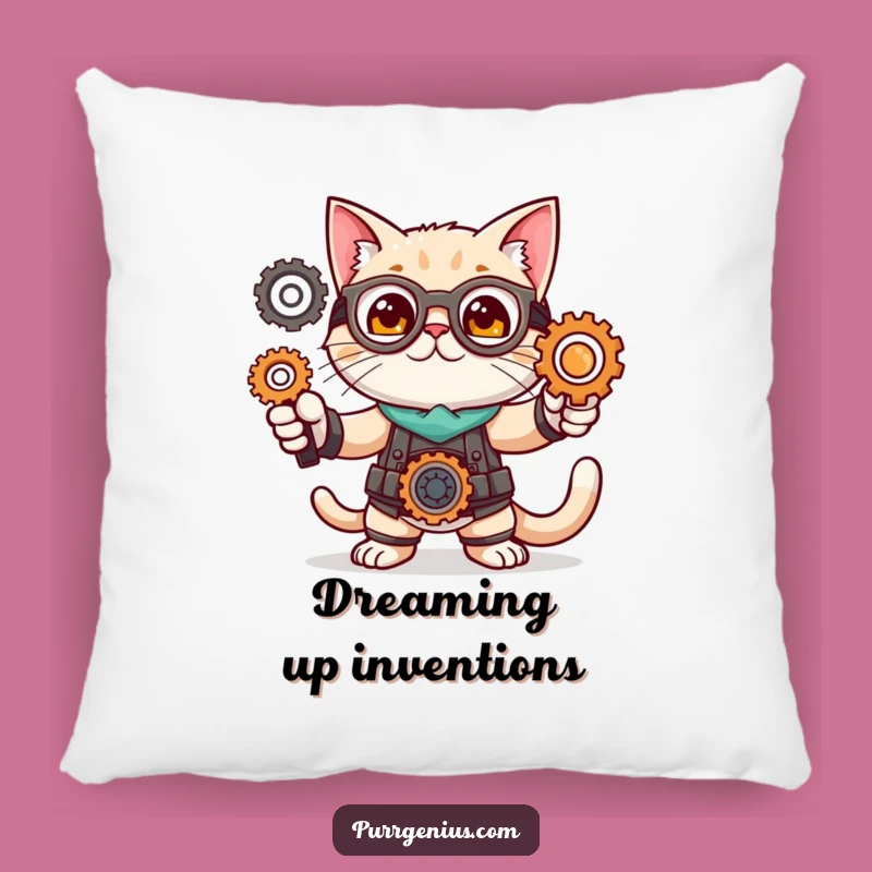 Funny Cat Inventor Pillow: Feline Pose Gears Comfort Gift